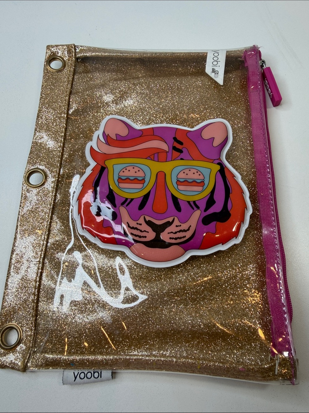 Yoobi Gold Glitter Tiger 3-Ring Binder Pencil Pouch NEW